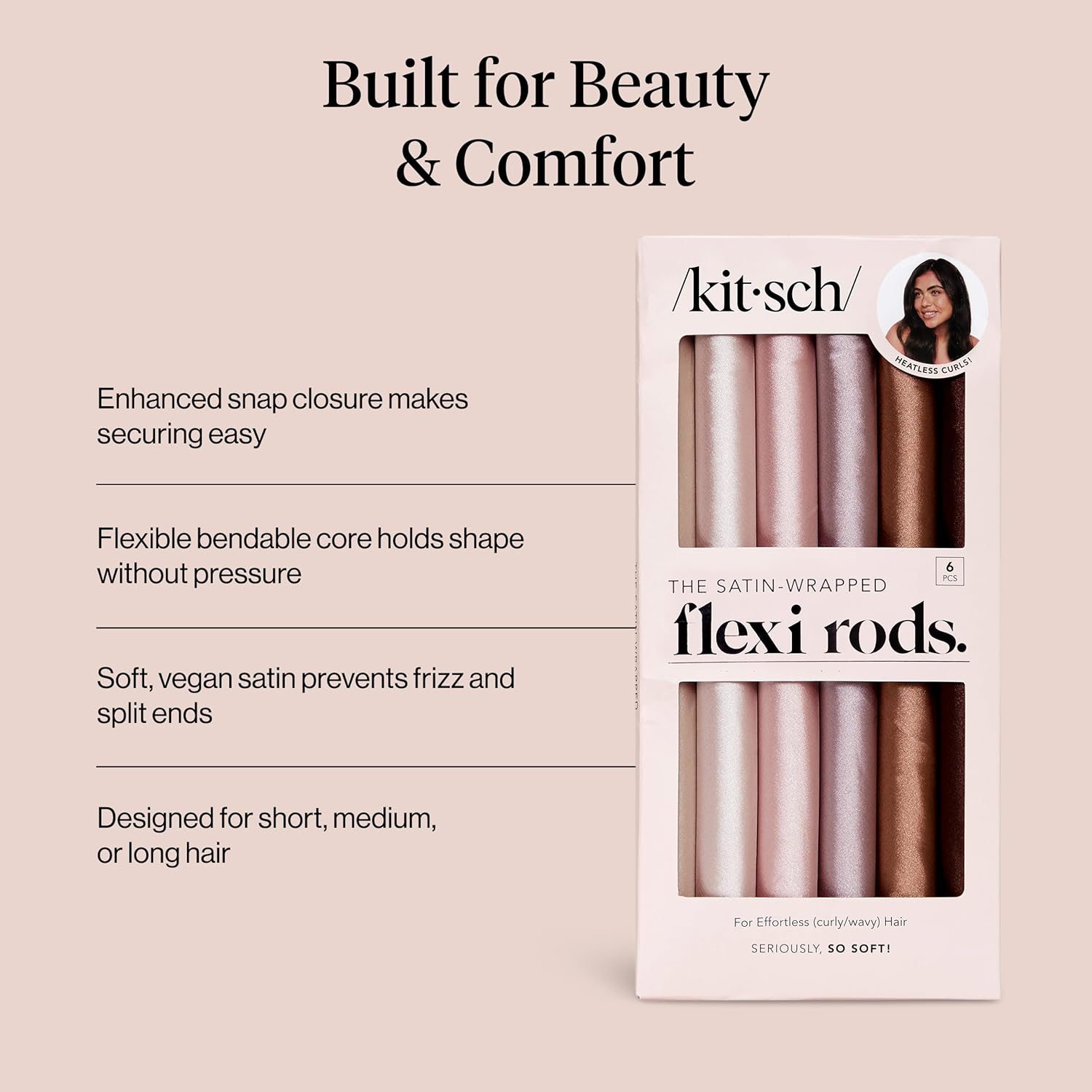 Kitsch Seriously So Soft Satin Wrapped Flexi Rods in rosewood color, set of 6 flexible hair curlers for styling.