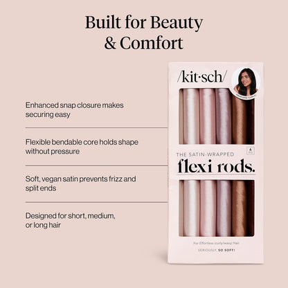 Kitsch Seriously So Soft Satin Wrapped Flexi Rods in rosewood color, set of 6 flexible hair curlers for styling.