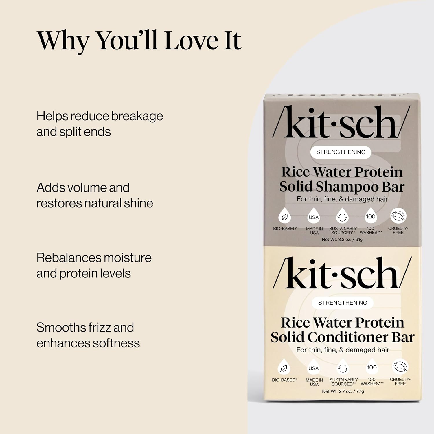 Kitsch strengthening rice water protein conditioner bar set with natural ingredients for healthy, shiny hair.