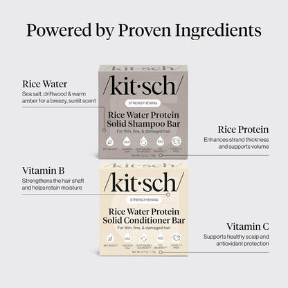 Kitsch strengthening rice water protein conditioner bar with natural ingredients, designed to nourish and improve hair health.