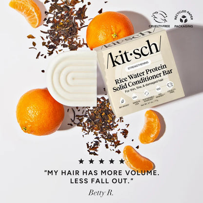 Kitsch strengthening rice water protein solid conditioner bar, natural hair care product designed to nourish and strengthen hair.