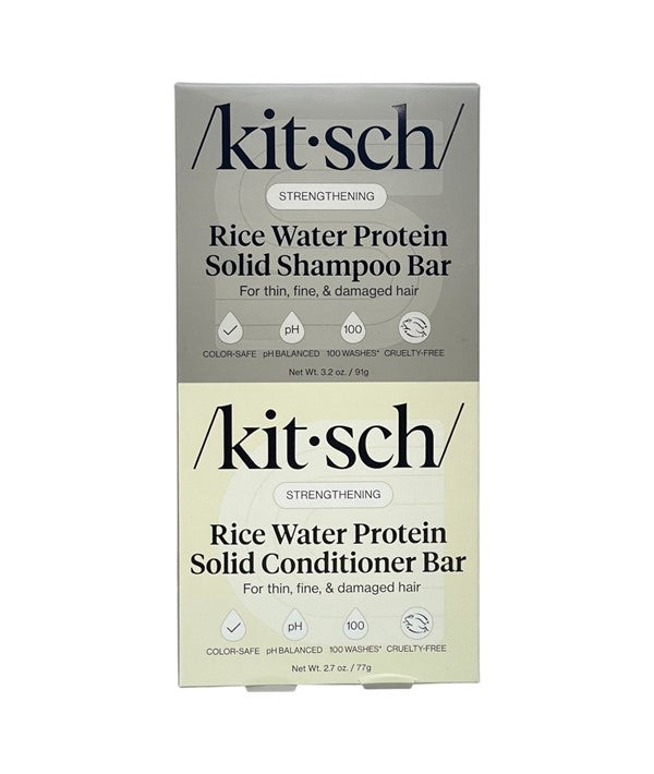 Kitsch strengthening rice water protein shampoo and conditioner bar set, showing natural bars with branding and packaging details.