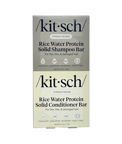 Kitsch strengthening rice water protein shampoo and conditioner bar set, showing natural bars with branding and packaging details.