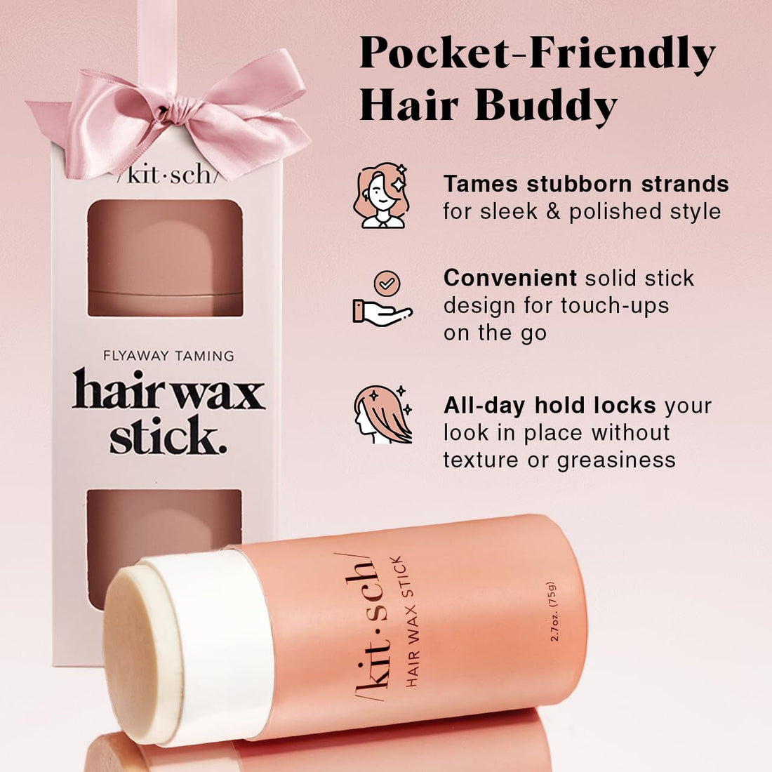 Kitsch Taming Hair Wax Stick for styling, showing the sleek stick with product label and smooth hair texture.