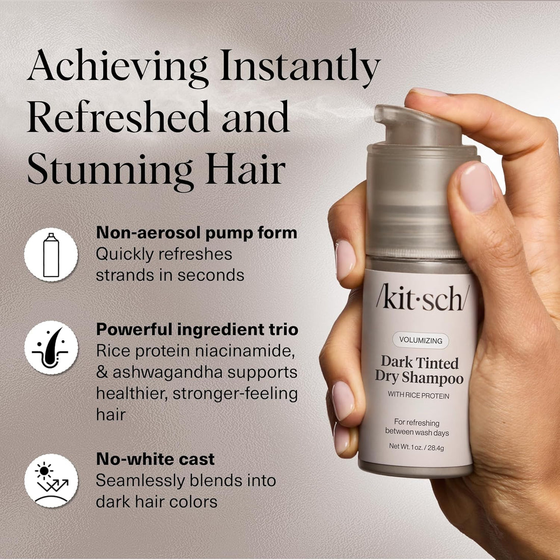 Kitsch volumizing rice protein dark tinted dry shampoo bottle with a pump dispenser, designed to add volume and refresh dark hair.