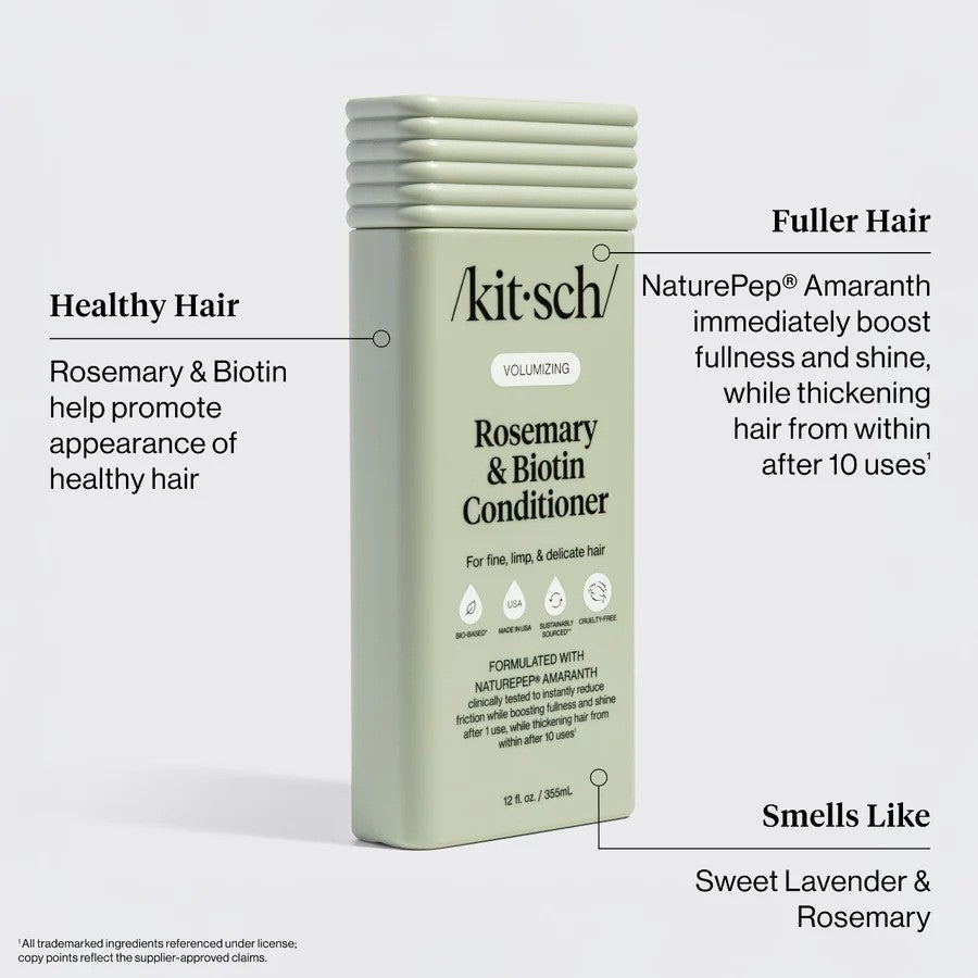 Kitsch volumizing rosemary and biotin conditioner bottle with green label and pump dispenser, ideal for hair volume and strength.