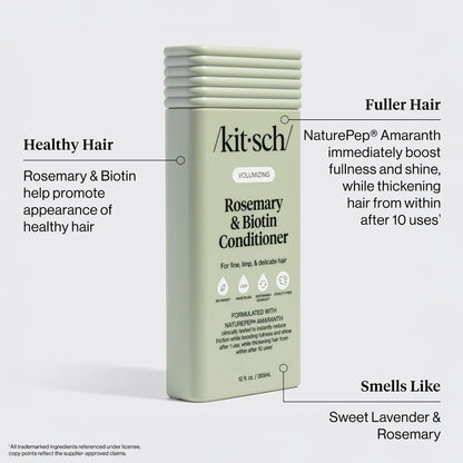 Kitsch volumizing rosemary and biotin conditioner bottle with green label and pump dispenser, ideal for hair volume and strength.