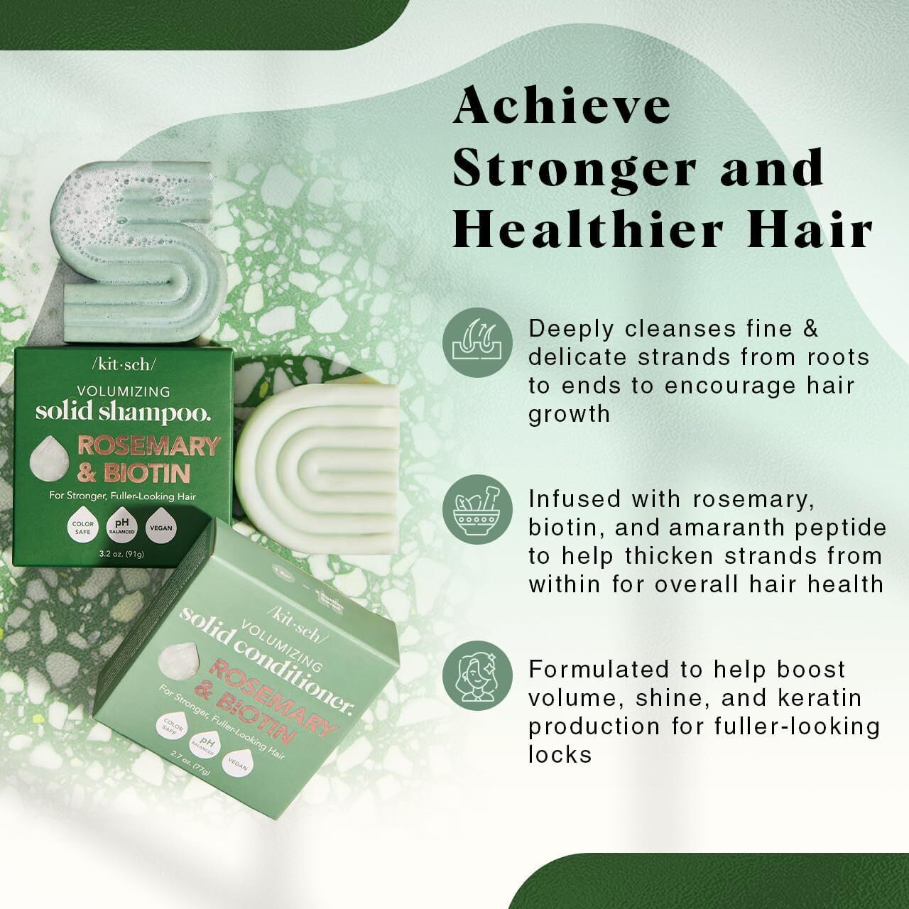 Kitsch volumizing rosemary and biotin conditioner bar set, featuring natural ingredients and eco-friendly packaging.