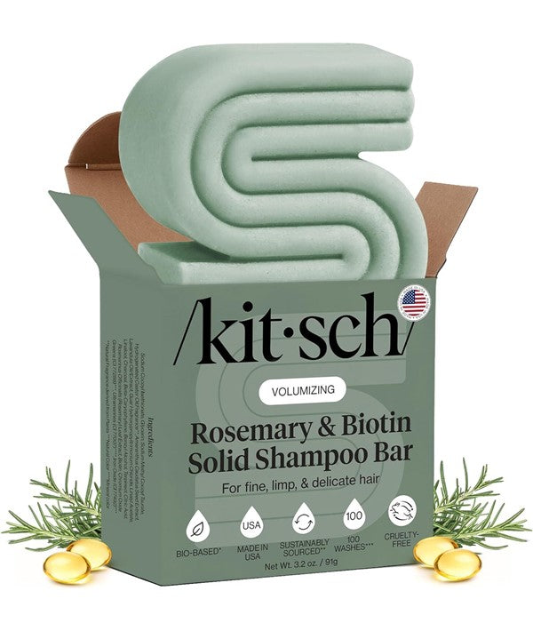 Kitsch volumizing rosemary and biotin solid shampoo bar, 91g, shows the eco-friendly shampoo with natural ingredients and packaging.