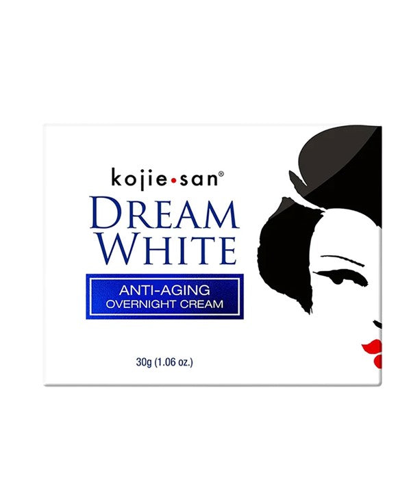 Kojie San Dream White anti-aging overnight moisturizer in a white jar with a silver lid, designed to hydrate and rejuvenate skin overnight.