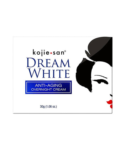 Kojie San Dream White anti-aging overnight moisturizer in a jar, with smooth cream texture and white packaging.
