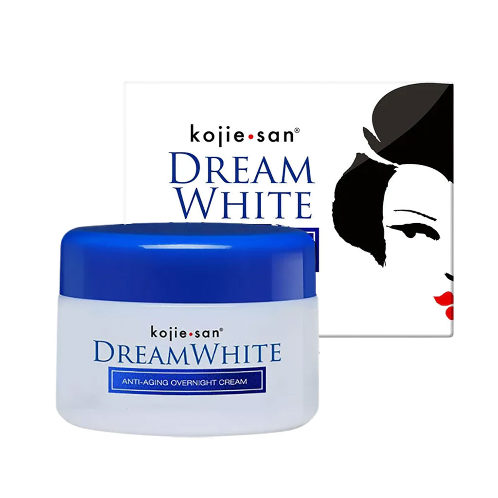 Kojie San Dream White Anti-Aging Overnight Moisturizer jar with white cream, designed for skin rejuvenation and hydration.