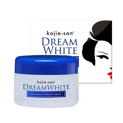 Kojie San Dream White anti-aging overnight moisturizer in a jar with a smooth cream texture and elegant packaging.