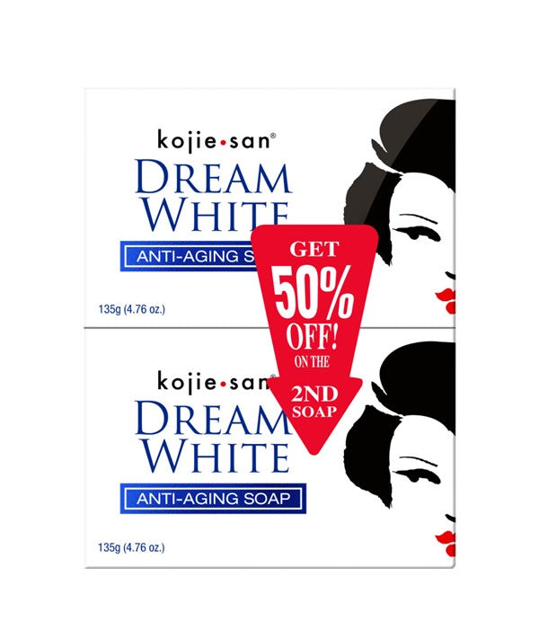 Kojie San Dream White anti-aging soap bar for bath and shower, featuring brightening and skin rejuvenating properties.
