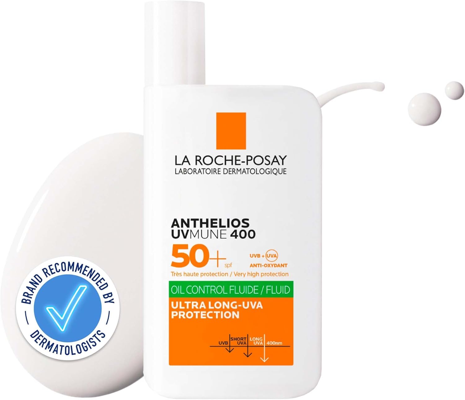 La Roche Posay Anthelios Uvmune 400 SPF50+ sun and tan fluid with oil control, in 50ml bottle, for sun protection and skin care.