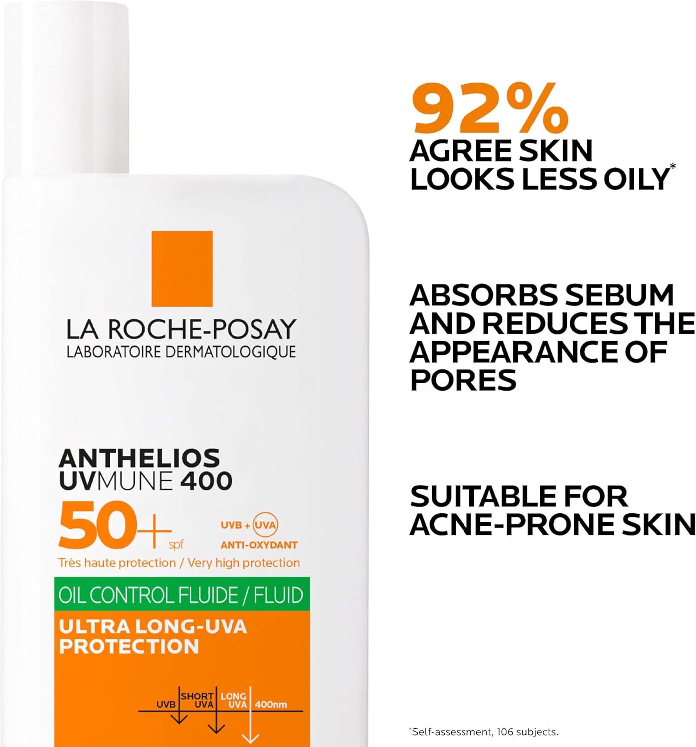La Roche Posay Anthelios UVMune 400 SPF50+ fluid for sun protection, oil control, and tan prevention in a 50ml bottle.