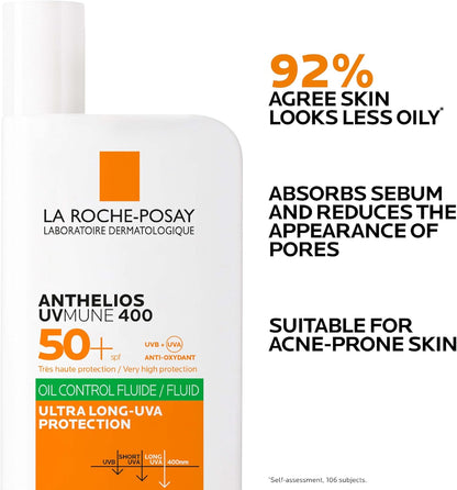 La Roche Posay Anthelios UVMune 400 SPF50+ fluid for sun protection, oil control, and tan prevention in a 50ml bottle.