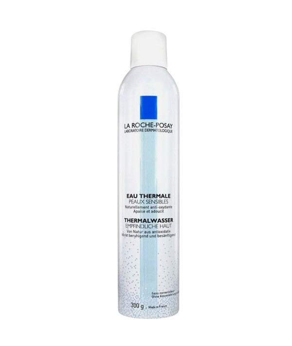 Spray bottle of La Roche Posay Thermal Spring Water for skin hydration and soothing skincare routines.