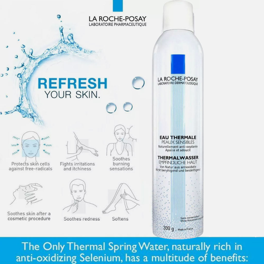 Bottle of La Roche Posay Thermal Spring Water mist for soothing skin, labeled as La Roche Posay Skin Basics.