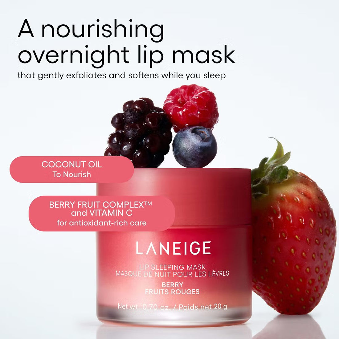 Laneige Lip Sleeping Mask Berry in a 20g jar, featuring a berry-scented K-beauty skincare mask with a smooth, hydrating texture.