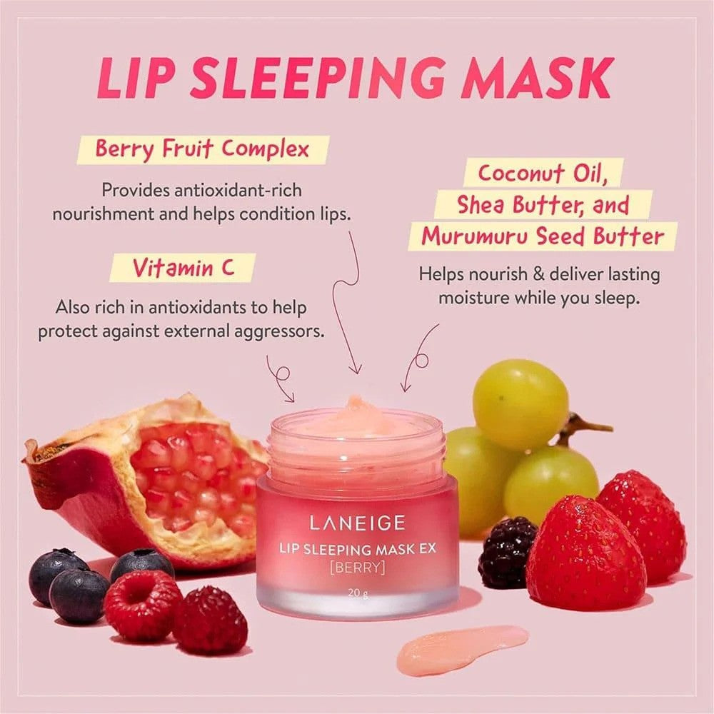 Laneige Lip Sleeping Mask Berry 20g jar showing the berry-flavored K-beauty lip mask in a pink container.