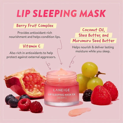 Laneige Lip Sleeping Mask Berry 20g jar showing the berry-flavored K-beauty lip mask in a pink container.