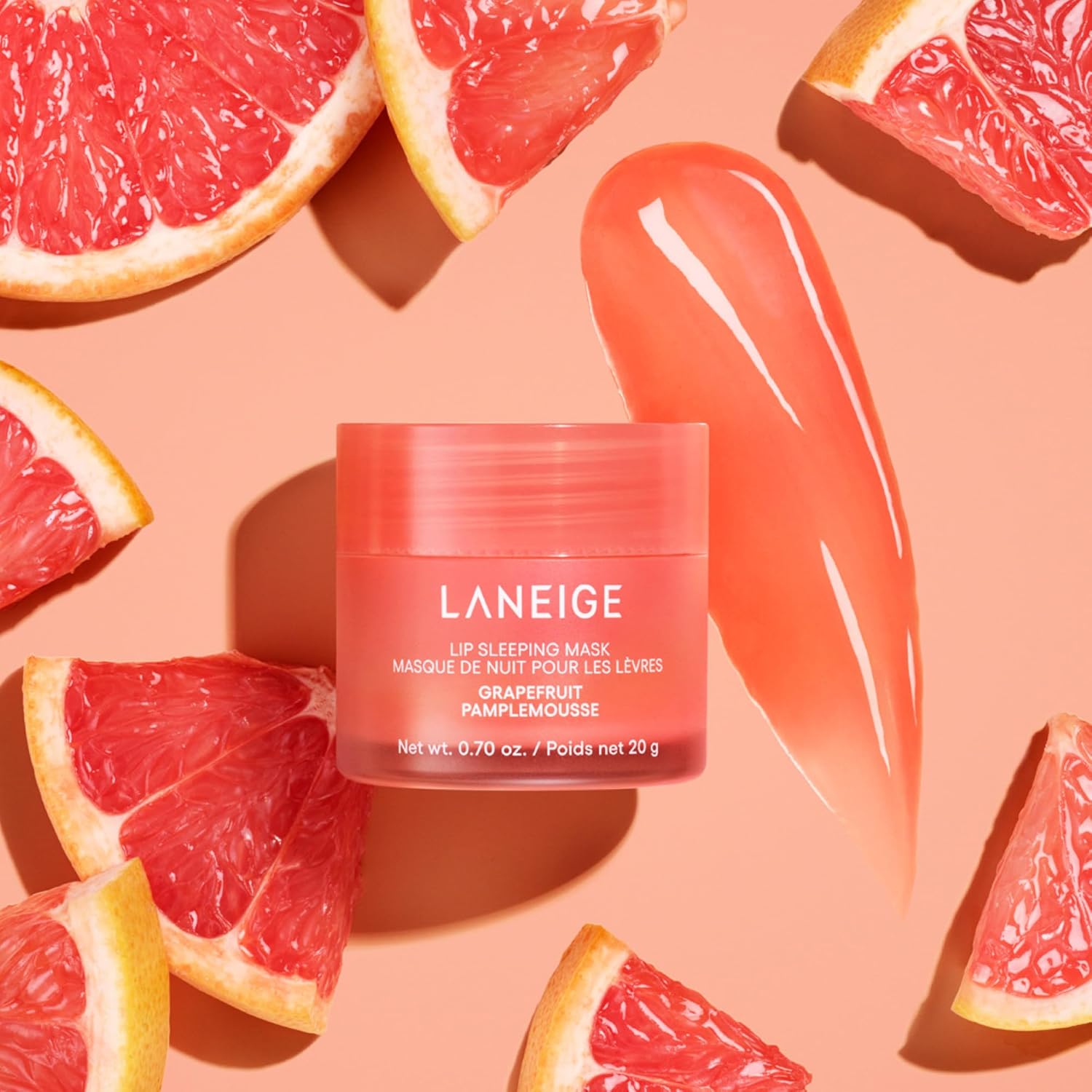 Laneige Lip Sleeping Mask in grapefruit flavor, 20g, a K-beauty moisturizer with a glossy pink jar and fresh grapefruit scent.