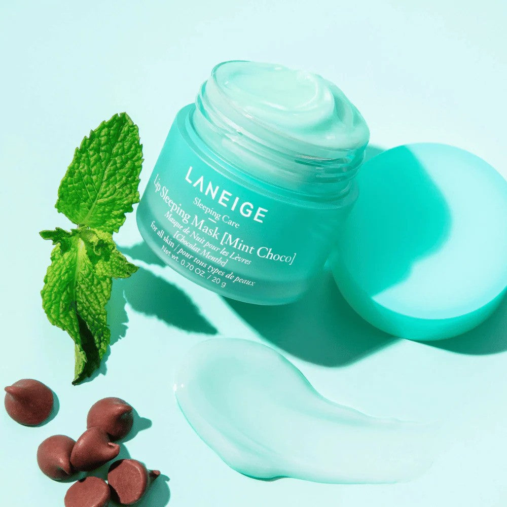 Laneige Lip Sleeping Mask in Mint Choco flavor, 20g, showcasing the moisturizing product in a jar with mint and chocolate scent.