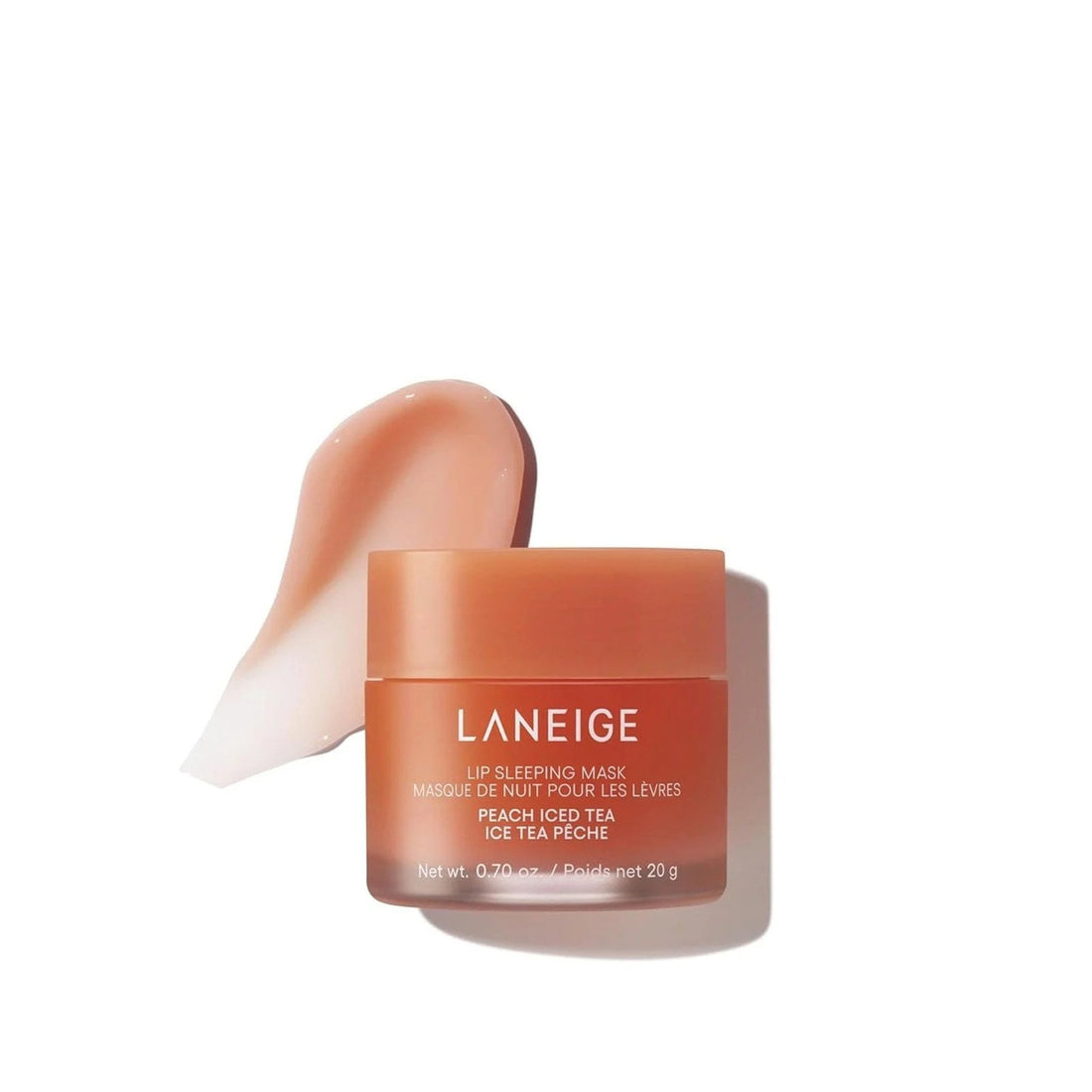 Laneige Peach Iced Tea Lip Sleeping Mask in 20g jar, K-beauty moisturizer for nourishing and hydrating lips overnight.
