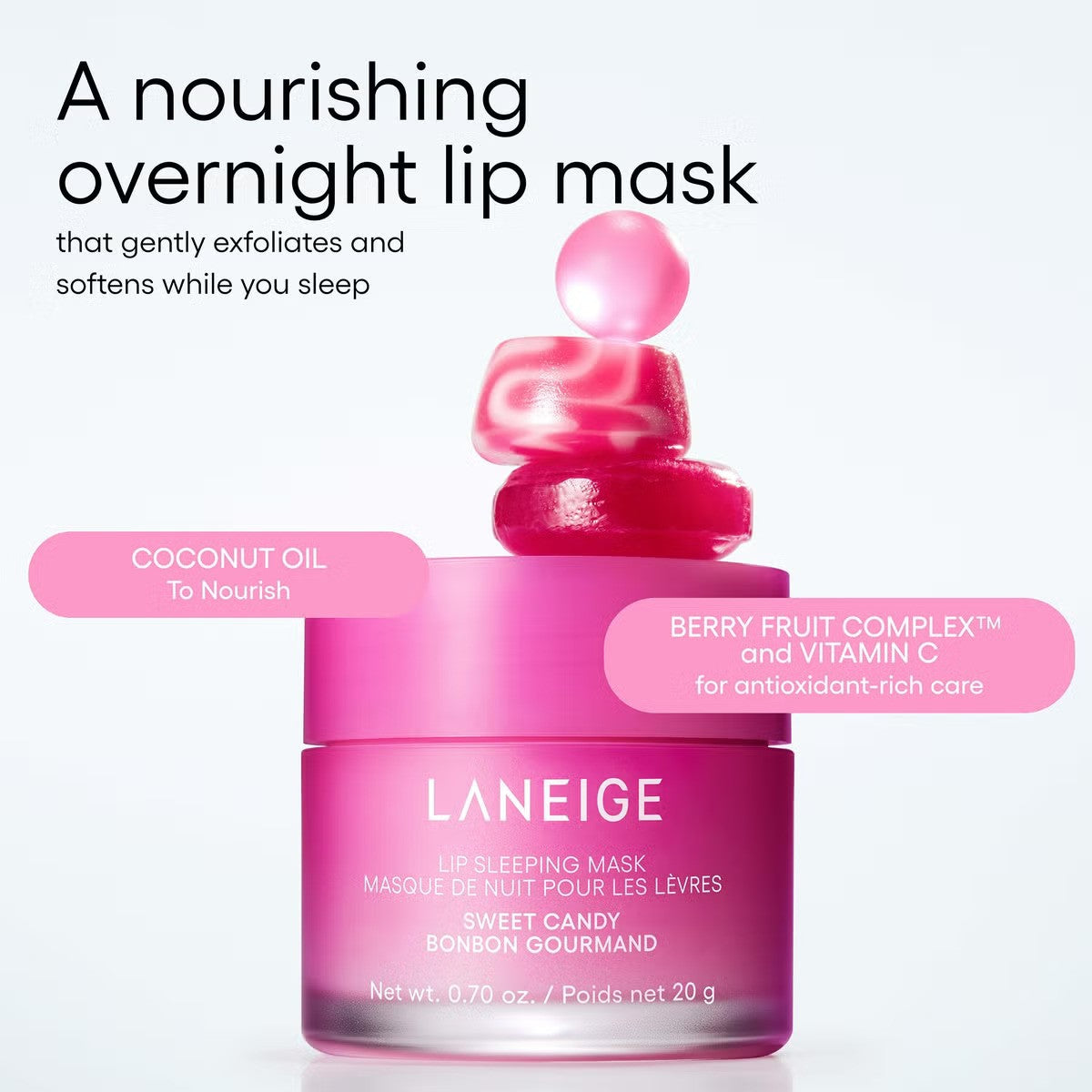 Laneige Sweet Candy Lip Sleeping Mask in a 20g jar, a K-beauty moisturizer for soft, hydrated lips overnight