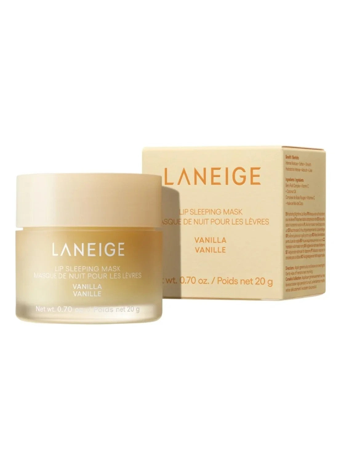 Laneige Vanilla Lip Sleeping Mask in 20g jar, K-beauty moisturizer for soft, hydrated lips, with vanilla scent and smooth texture.