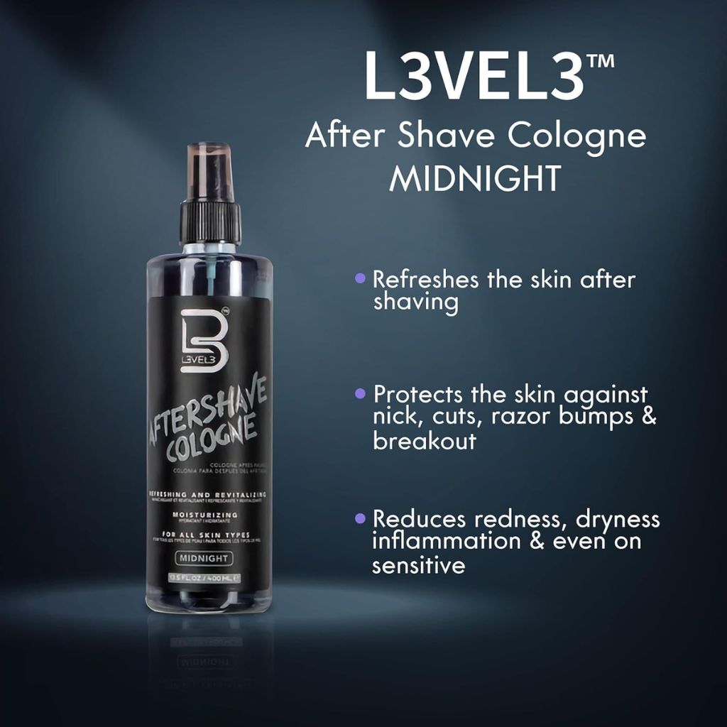 Level 3 Midnight Aftershave Cologne bottle for post-shave grooming, dark midnight-themed design