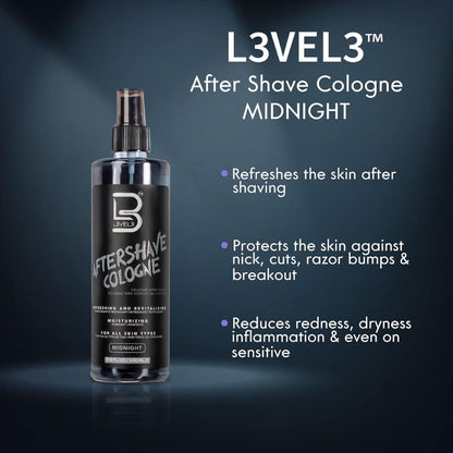 Level 3 Midnight Aftershave Cologne bottle for post-shave grooming, dark midnight-themed design