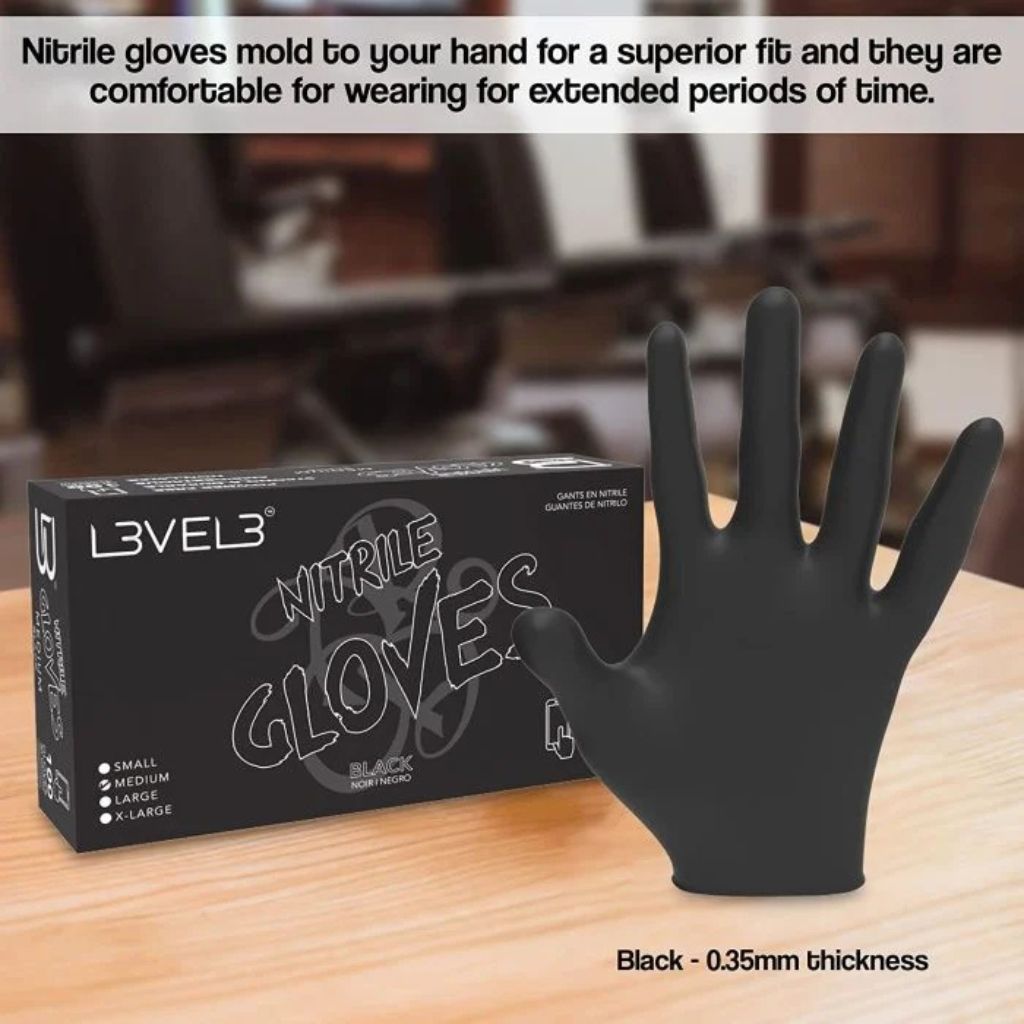 Level 3 medium black nitrile gloves for salon use, displayed in packaging