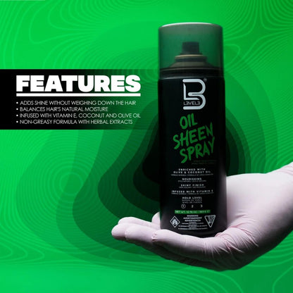 Level 3 Oil Sheen Spray hair styling product bottle, 383g aerosol can with sleek black and gold design