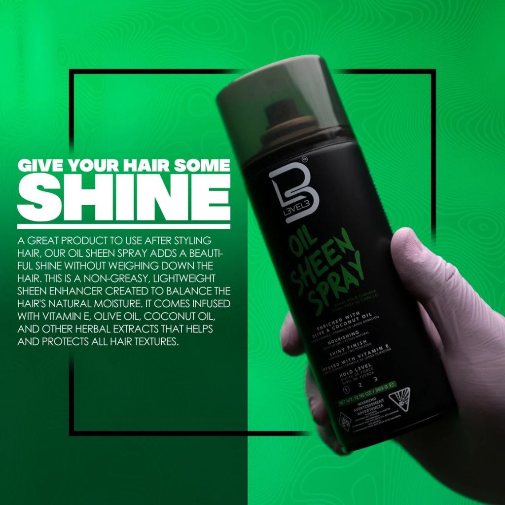 Level 3 Oil Sheen Spray hair styling product bottle, 383g aerosol can for adding shine to hair