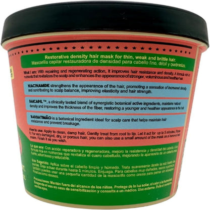 Lola Cosmetics Densidade Density Restoring Mask for hair treatment, showing the product jar with vibrant packaging and label.