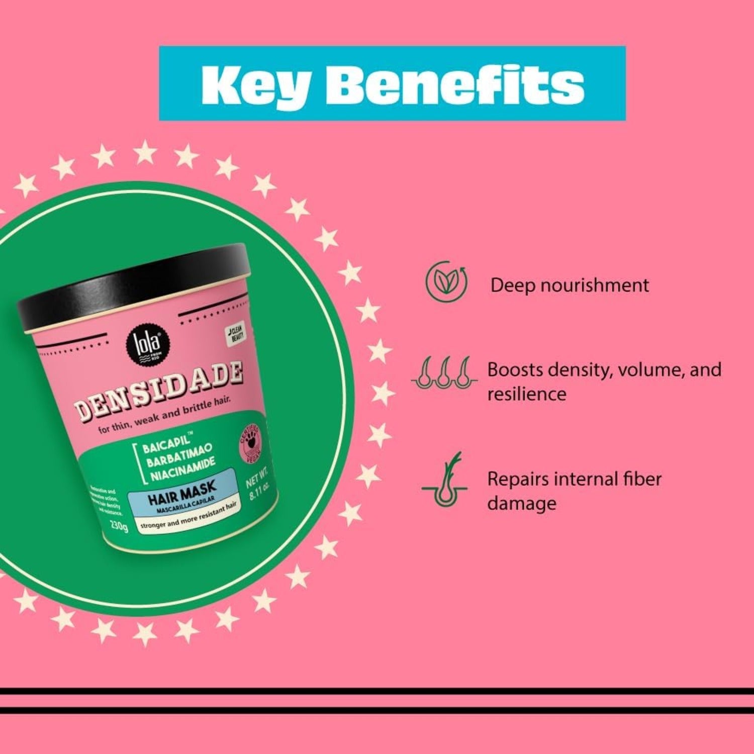 Lola Cosmetics Densidade Density Restoring Mask for hair treatment, creamy texture in a jar with a spatula.