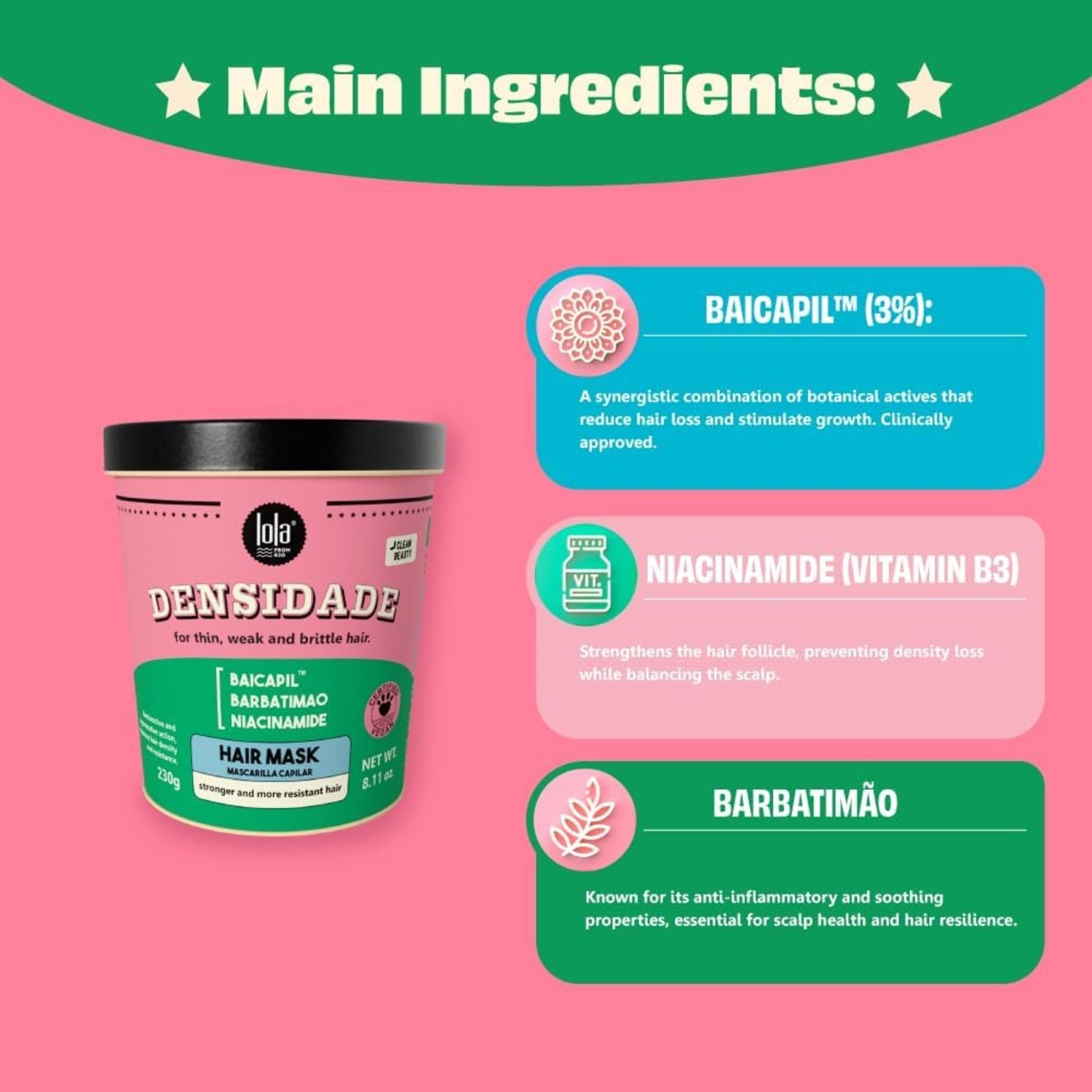 Lola Cosmetics Densidade Density Restoring Mask hair treatment in a jar, with creamy texture and natural ingredients visible.