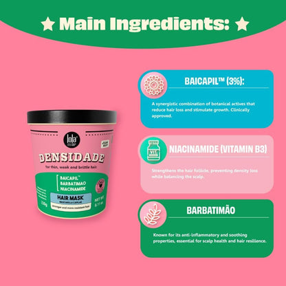Lola Cosmetics Densidade Density Restoring Mask hair treatment in a jar, with creamy texture and natural ingredients visible.
