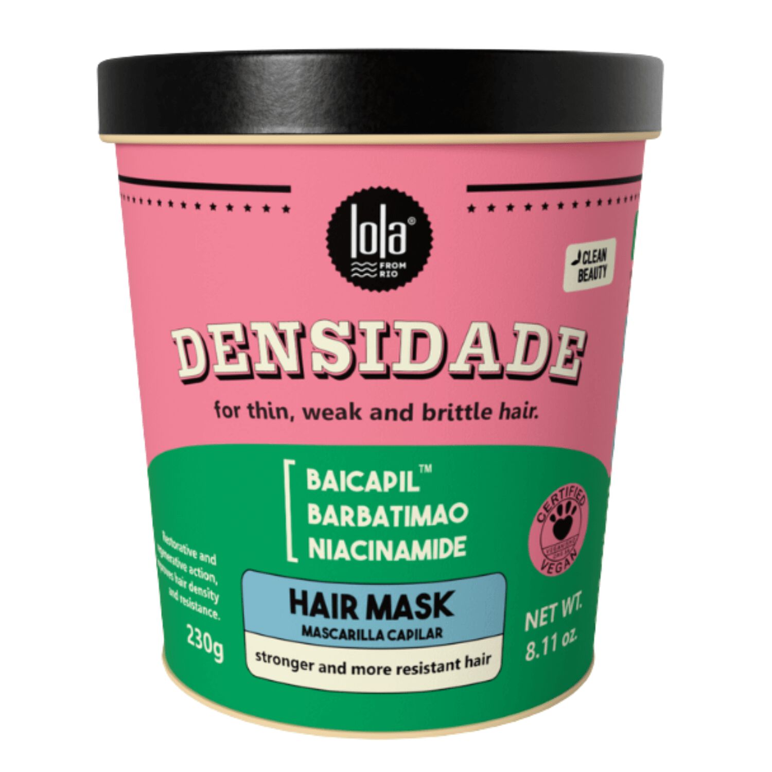 Lola Cosmetics Densidade Density Restoring Mask for hair treatment, shows the product jar with vibrant packaging and label.