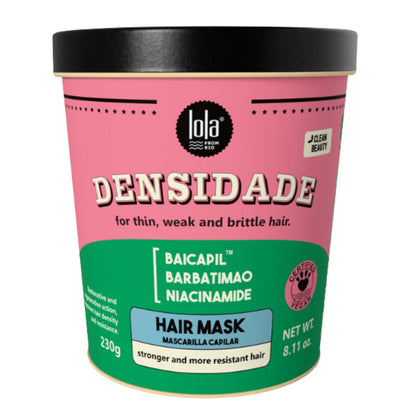 Lola Cosmetics Densidade Density Restoring Mask for hair treatment, shows the product jar with vibrant packaging and label.