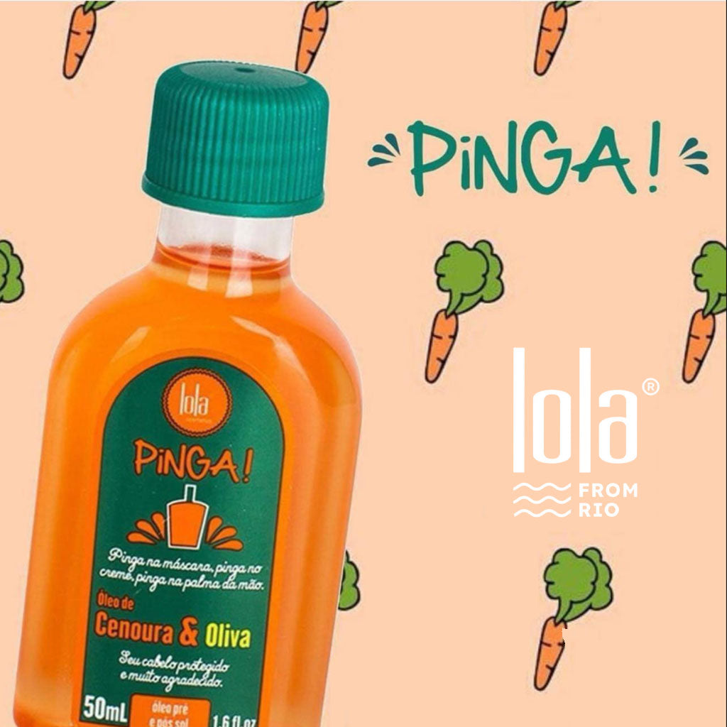 Lola Cosmetics Pinga Carrot and Olive Oil hair serum and oil bottle with orange and green packaging on a white background.