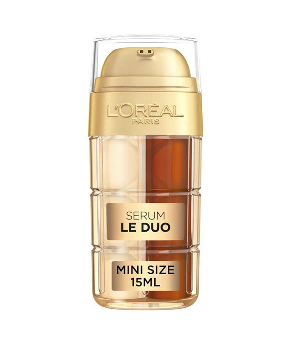 Loreal Age Perfect Age Defying Serum Le Duo featuring two 15ml moisturiser bottles in sleek packaging.