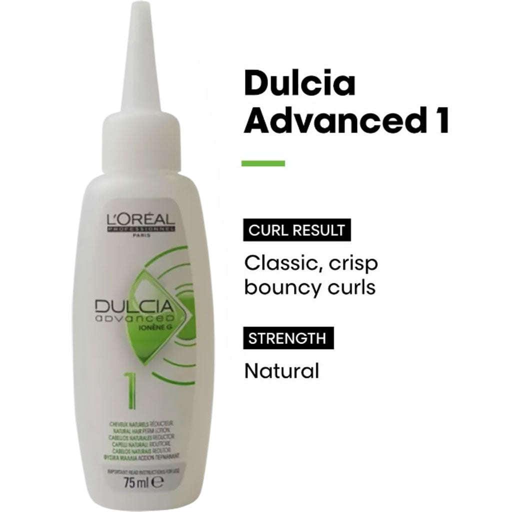 Loreal Dulcia Advanced Ionene G 1 hair styling product for natural hair, shown in a sleek bottle with a pump dispenser.