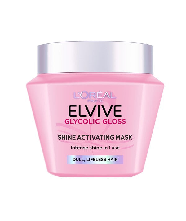 Loreal Elvive Glycolic Gloss Shine Activating Hair Treatment in a 300ml jar, designed to enhance shine and smoothness.