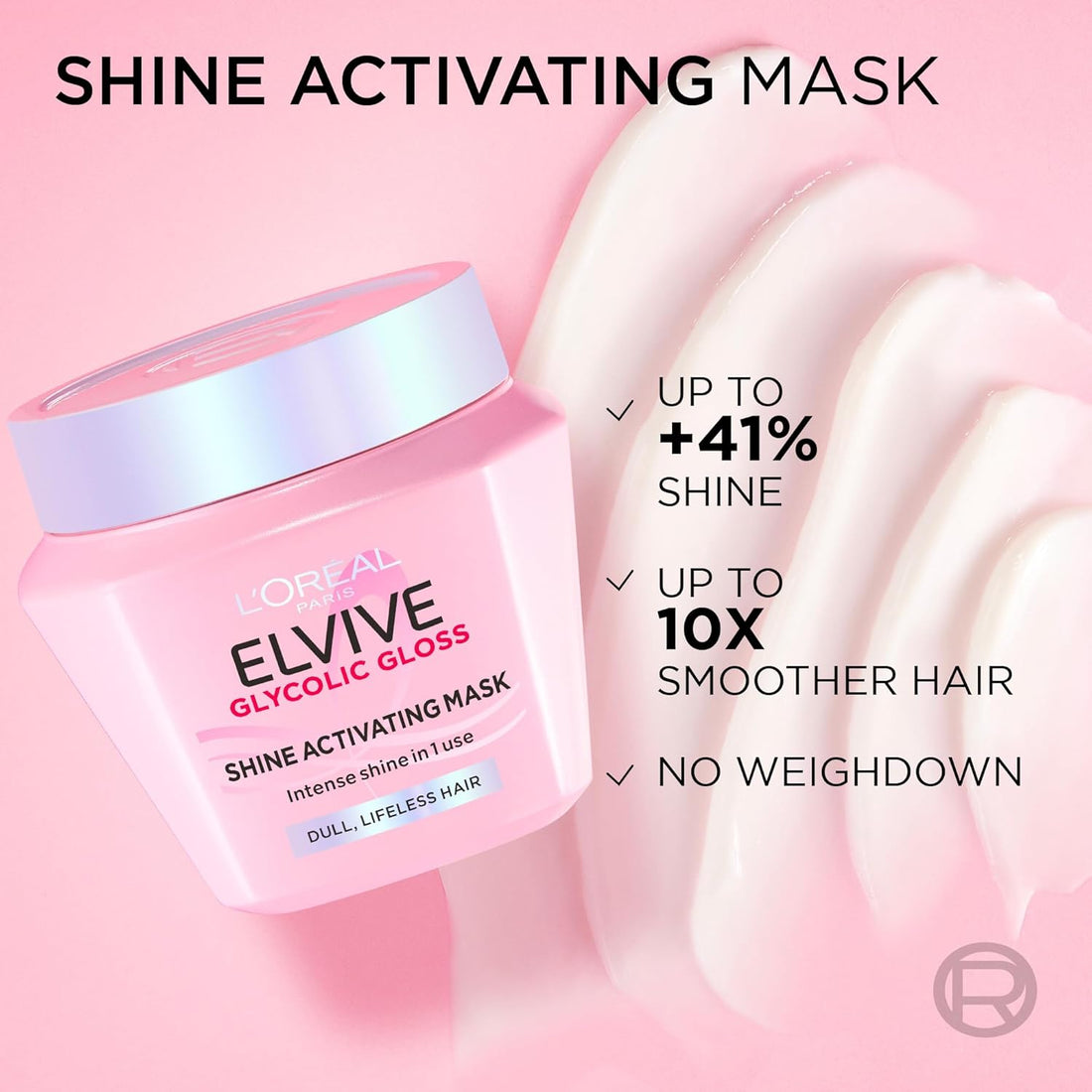Loreal Elvive Glycolic Gloss Shine Activating Mask for hair treatment, 300ml container with glossy packaging and product label.