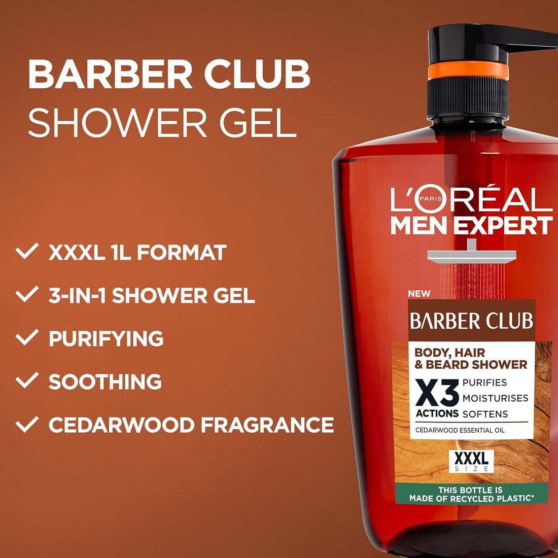 Loreal Men Expert Barber Club X3 Body Hair and Beard Shower Gel in a 1L bottle, designed for men&