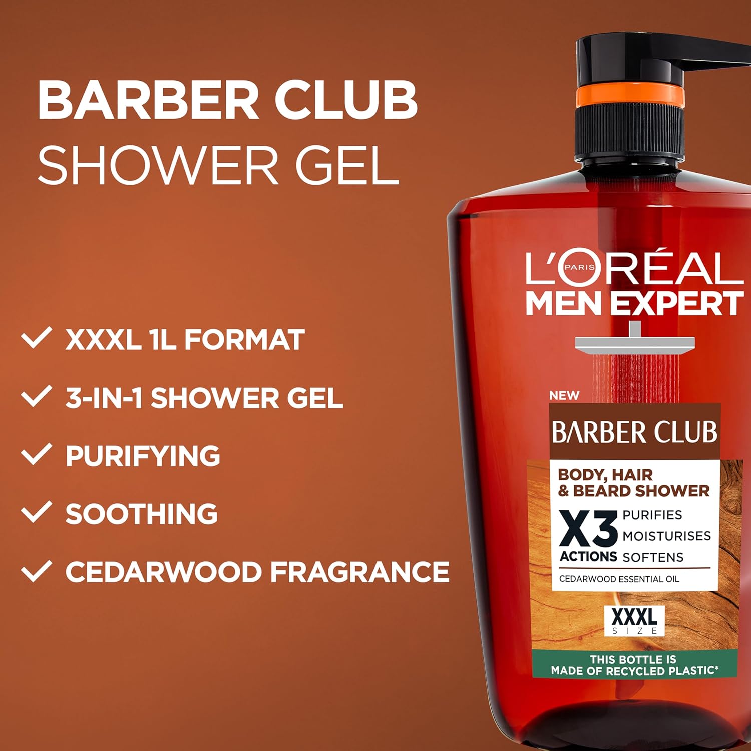 Loreal Men Expert Barber Club X3 Body Hair and Beard Shower Gel in a 1L bottle, designed for men&