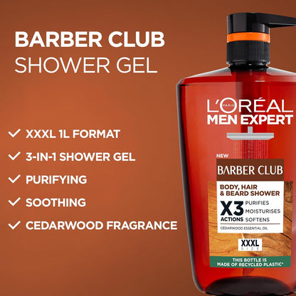 Loreal Men Expert Barber Club X3 Body Hair and Beard Shower Gel in a 1L bottle, designed for men&